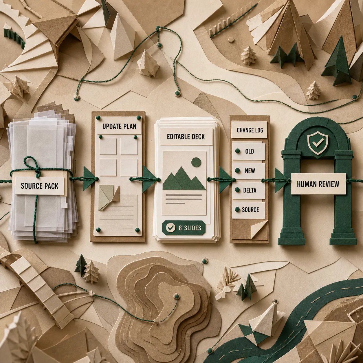 Paper-craft workflow from a finance source pack to an update plan, editable deck, change log, and human review