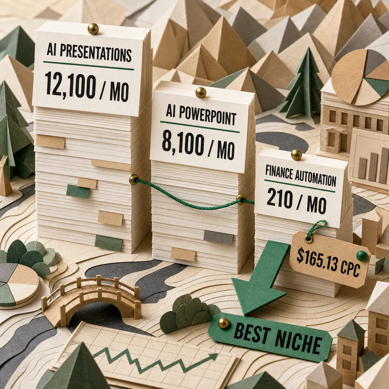 Paper-craft demand ladder showing monthly search volume for AI presentation maker, AI PowerPoint generator, and financial reporting automation