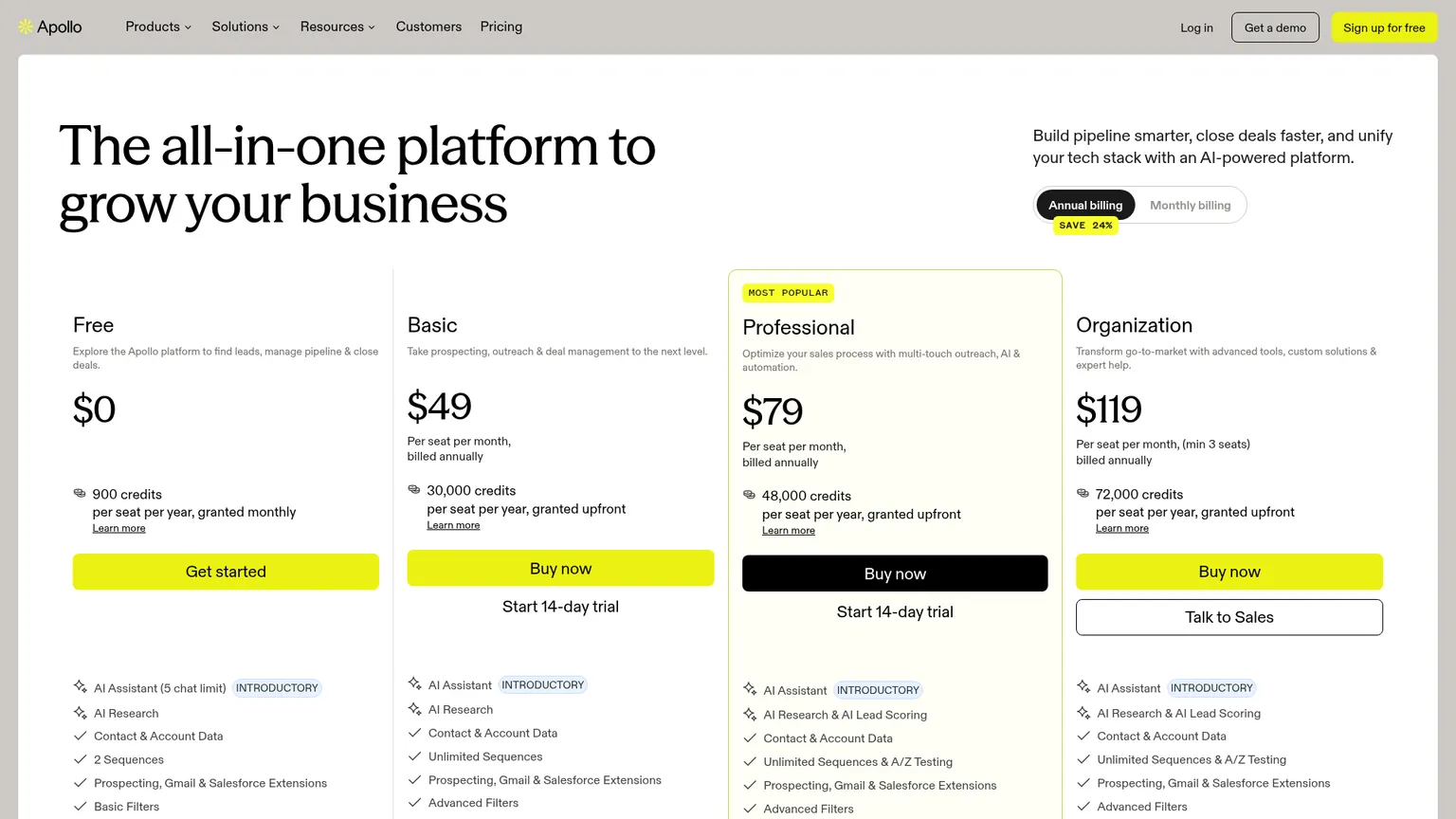 Página de precios de Apollo con los planes anuales Free, Basic, Professional y Organization