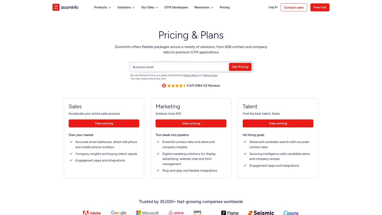 Página de precios de ZoomInfo con el formulario de solicitud de cotización y las descripciones de los paquetes de ventas