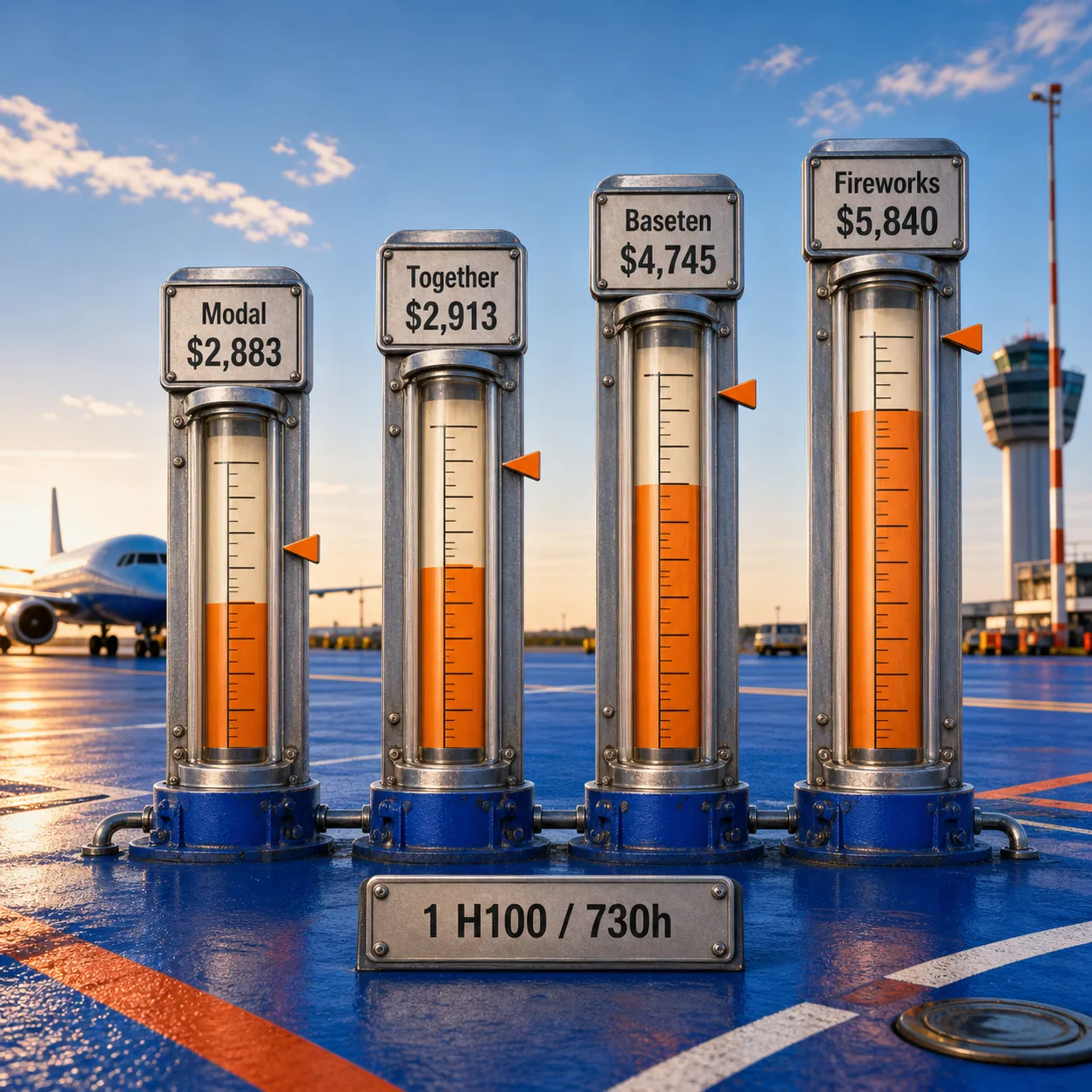 Four airport fuel gauges compare current 730-hour public H100 costs for Modal, Together AI, Baseten, and Fireworks AI