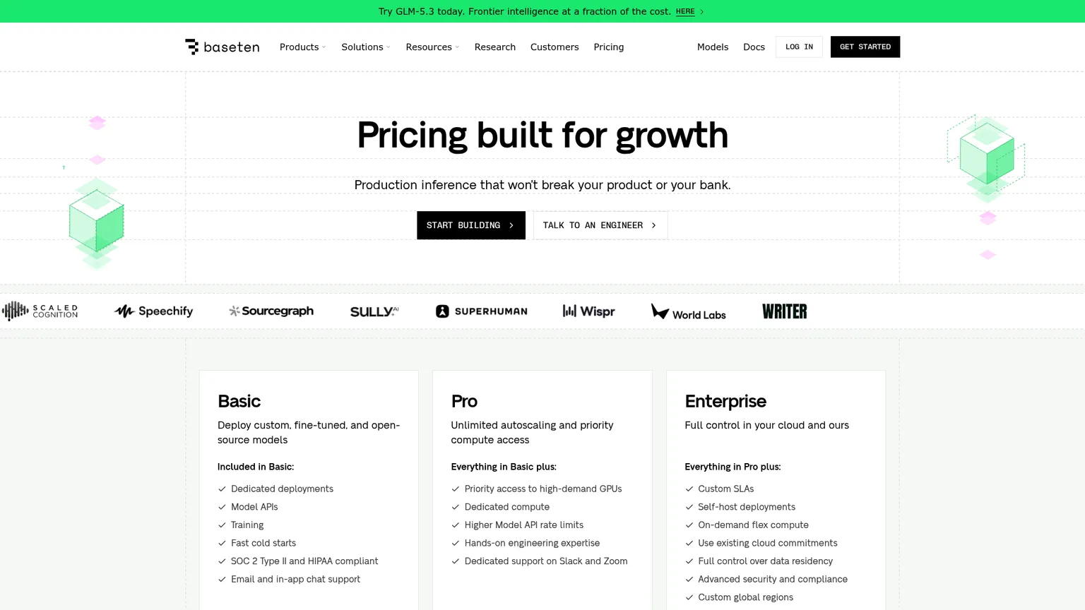 Baseten pricing page showing Basic, Pro, Enterprise, and compute rates