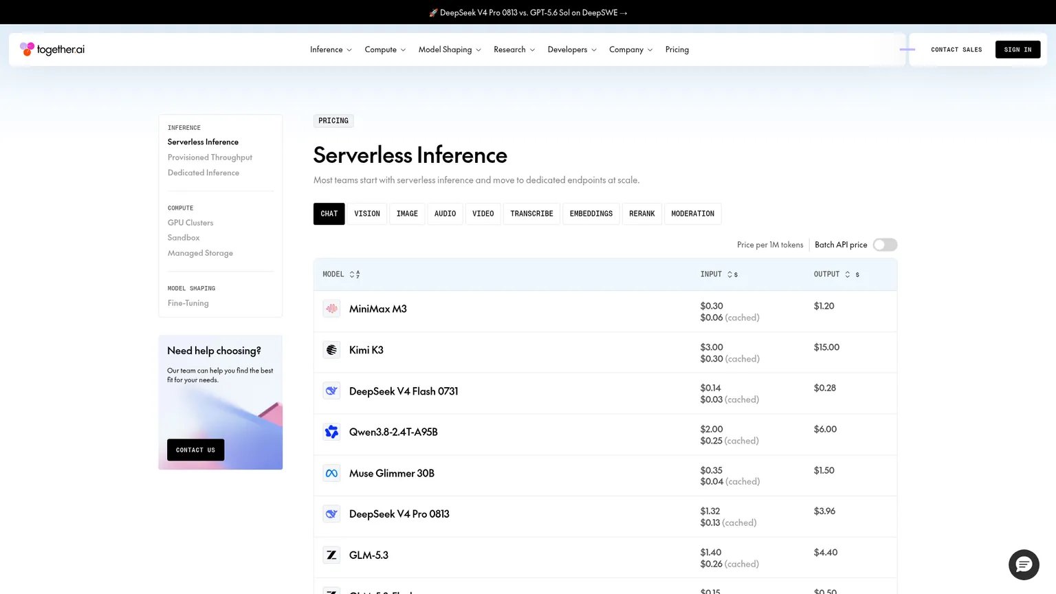 Together AI pricing page showing serverless, provisioned, dedicated, and GPU cluster rates