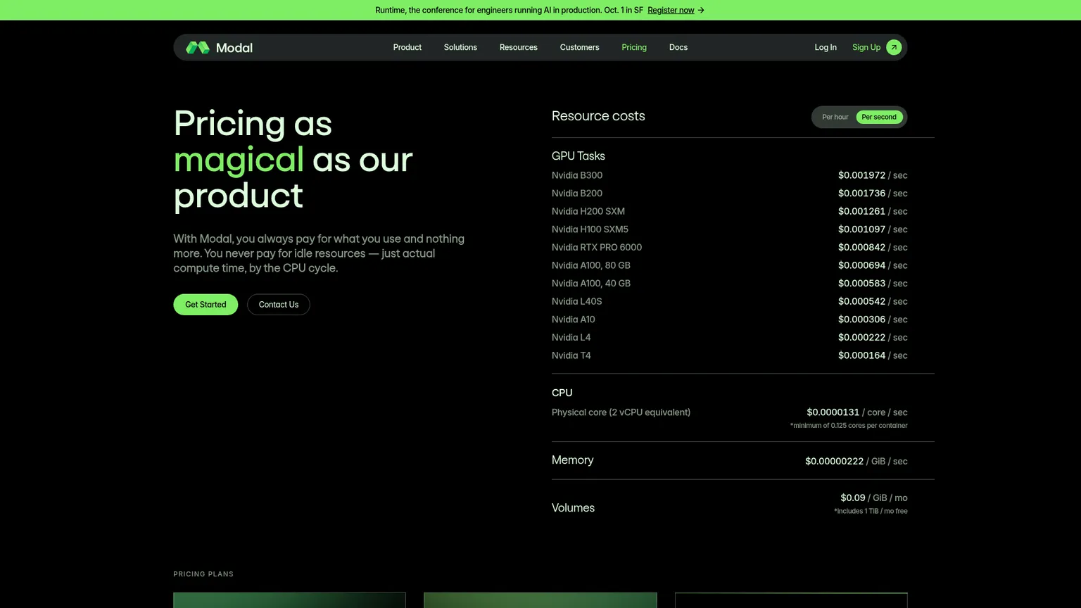 Modal pricing page showing Starter, Team, Enterprise, and GPU resource rates