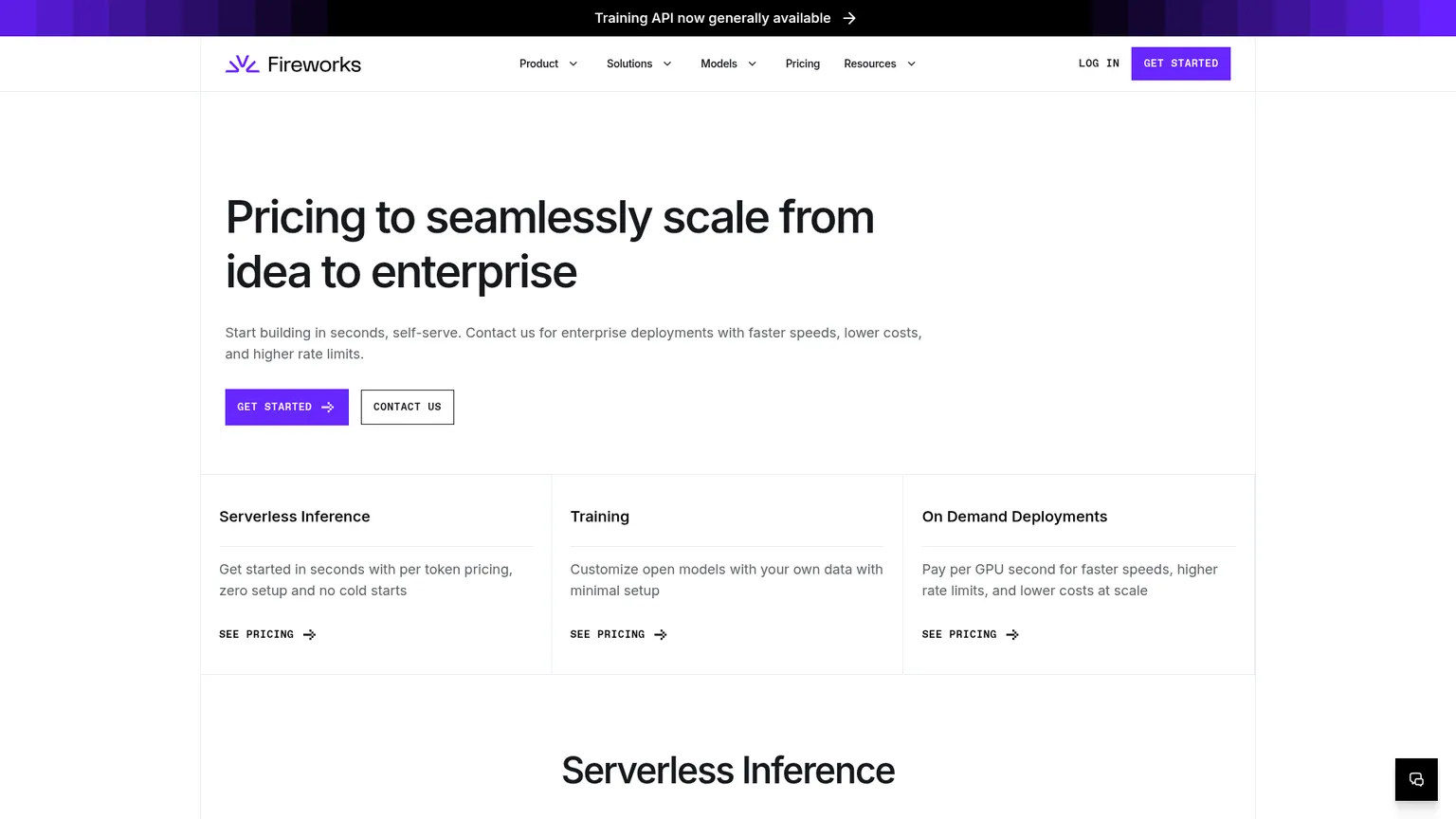 Fireworks AI pricing page showing serverless and on-demand deployment rates