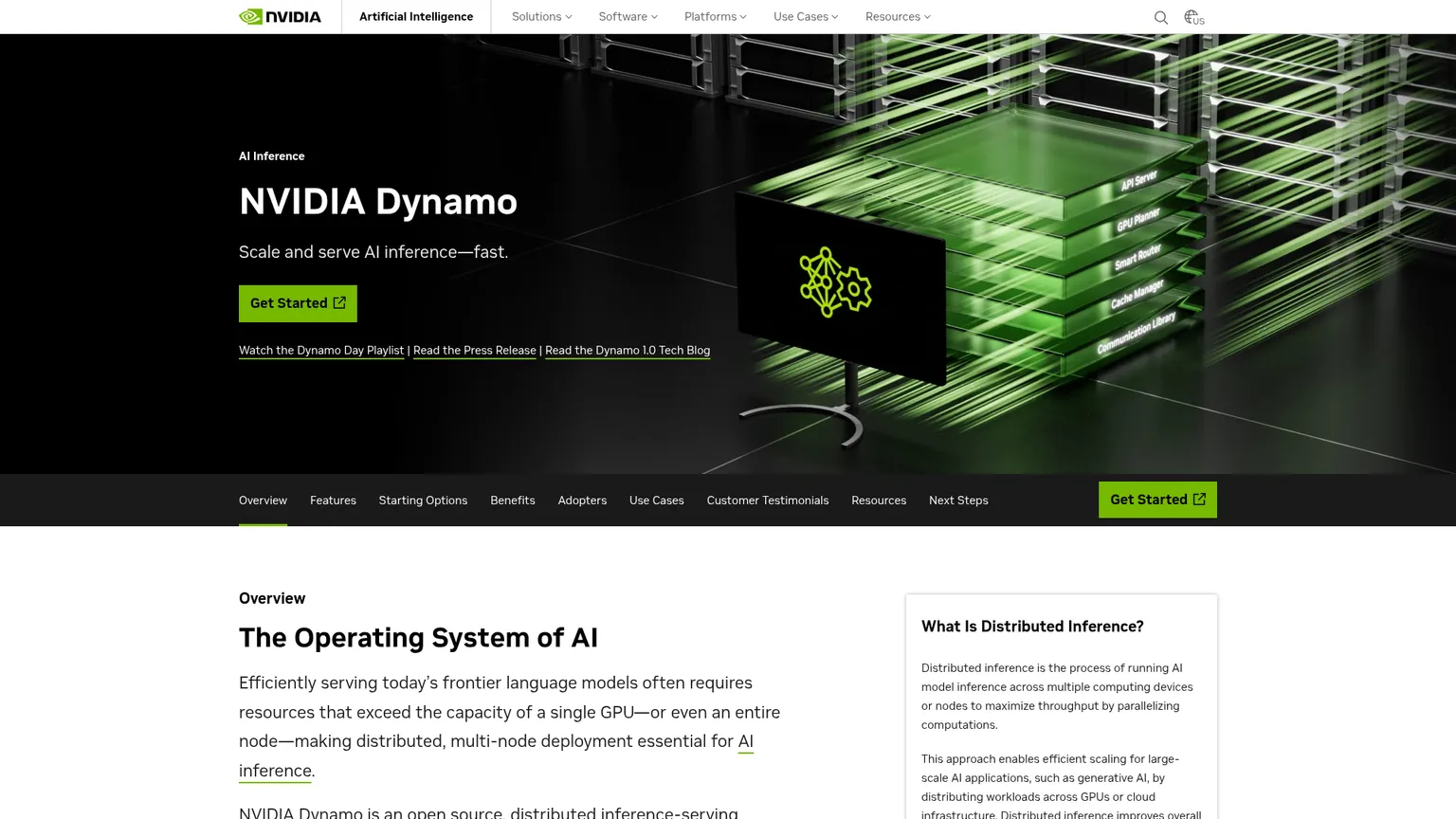 NVIDIA Dynamo product page showing distributed inference features