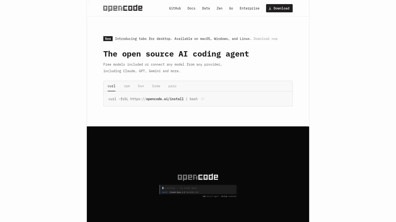 الصفحة الرئيسية وواجهة وكيل البرمجة OpenCode