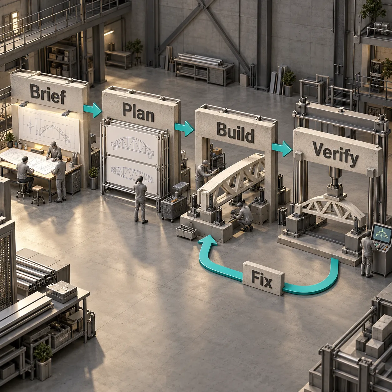 Architectural workshop with Brief, Plan, Build and Verify stations, and a Fix arrow returning from Verify to Build.