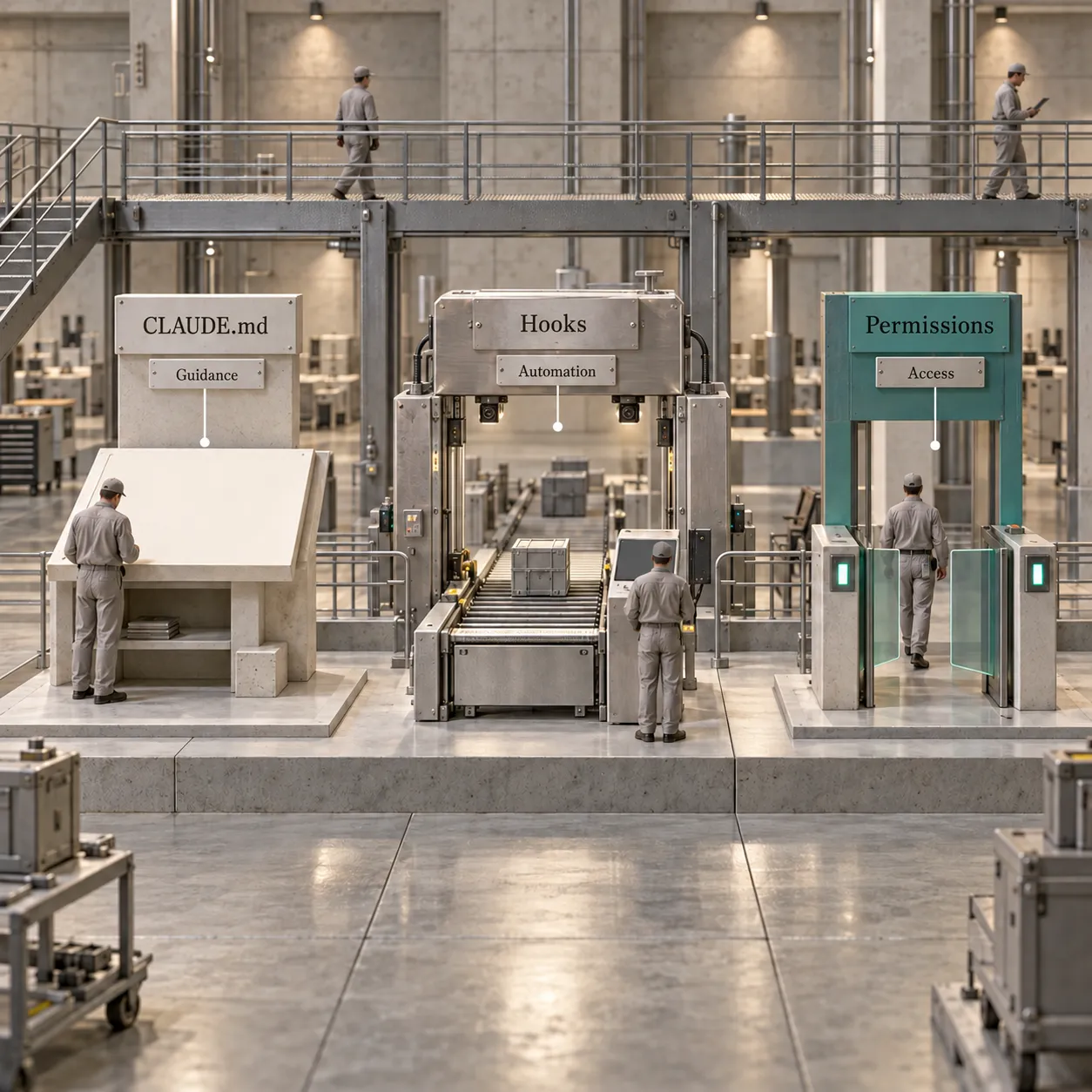 Three architectural stations distinguish CLAUDE.md guidance, hook automation and permission-based access.