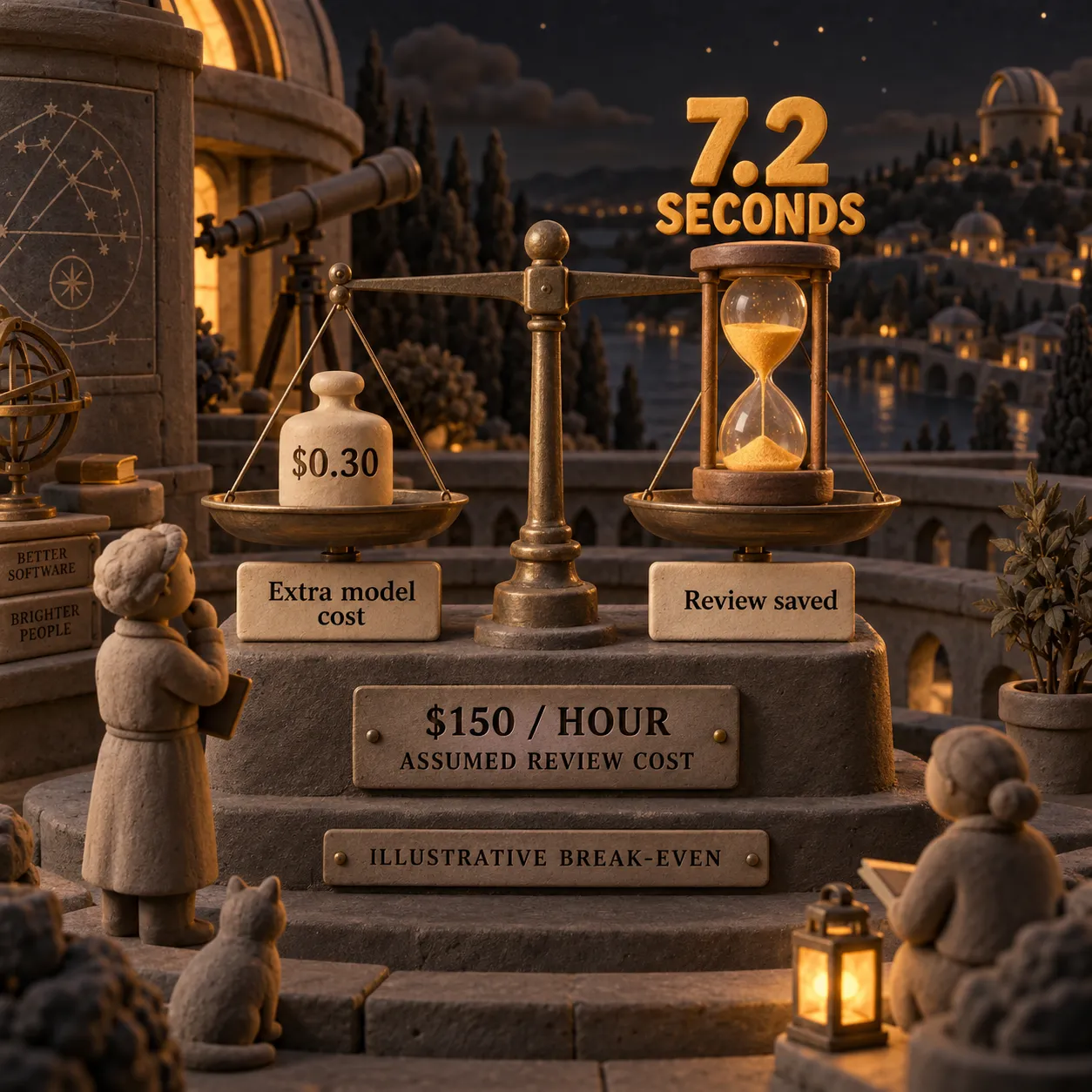 A level clay balance equates a 30-cent model premium with 7.2 seconds of review at an assumed 150 dollars per hour