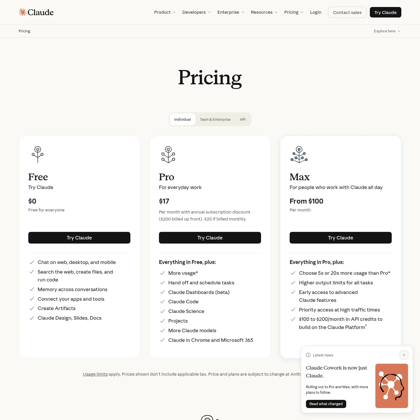 Claude's current pricing page showing subscription plans and API model pricing