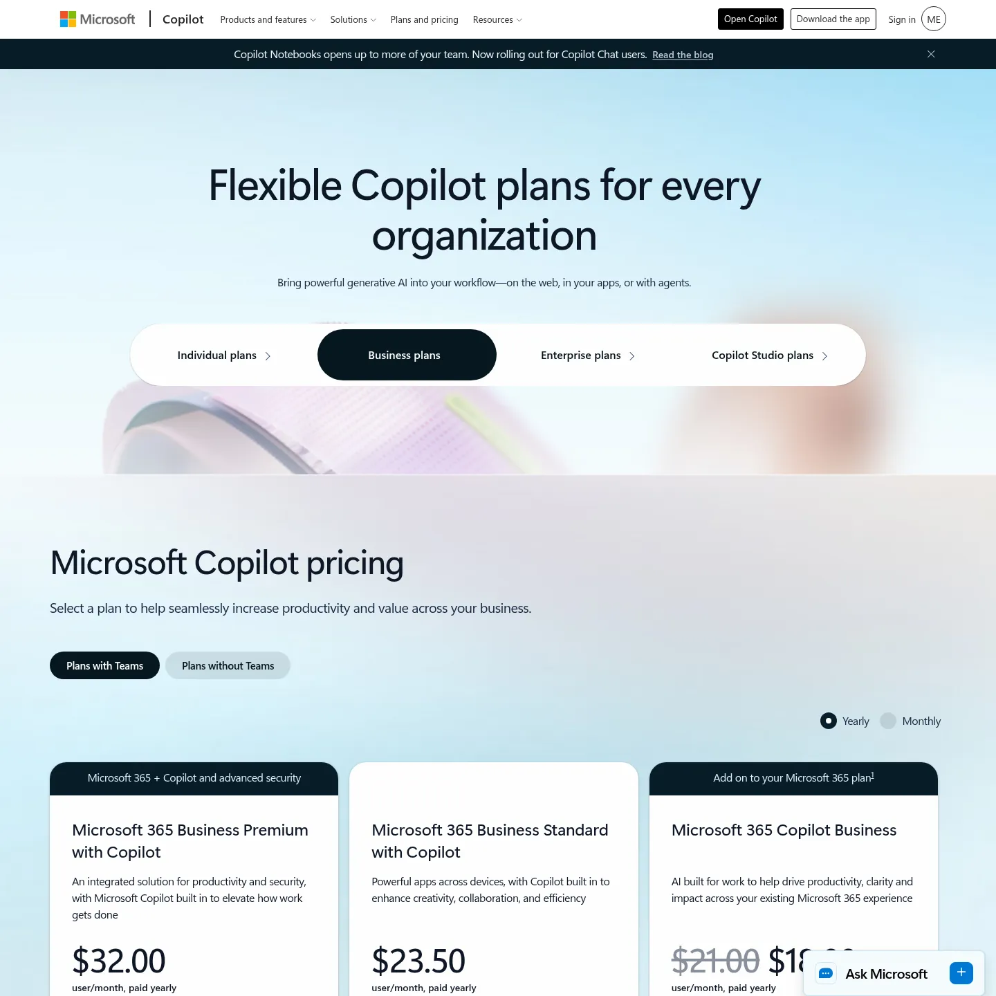 Copilot Business와 Microsoft 365 번들을 보여주는 Microsoft 비즈니스 요금 페이지