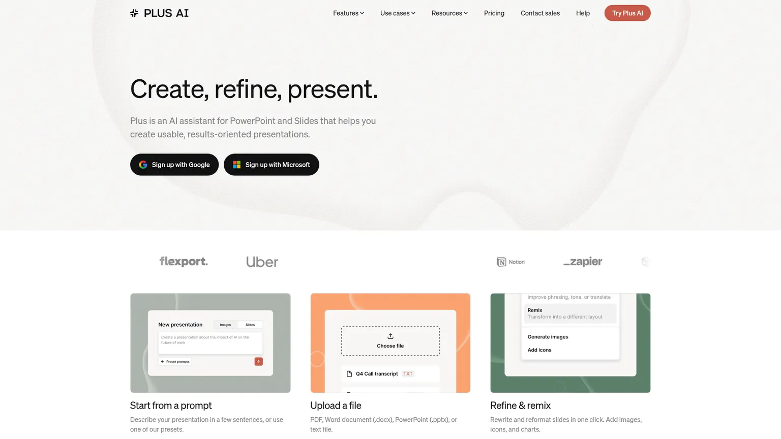 Plus AI 网站展示在 PowerPoint 和 Google Slides 内直接制作的流程
