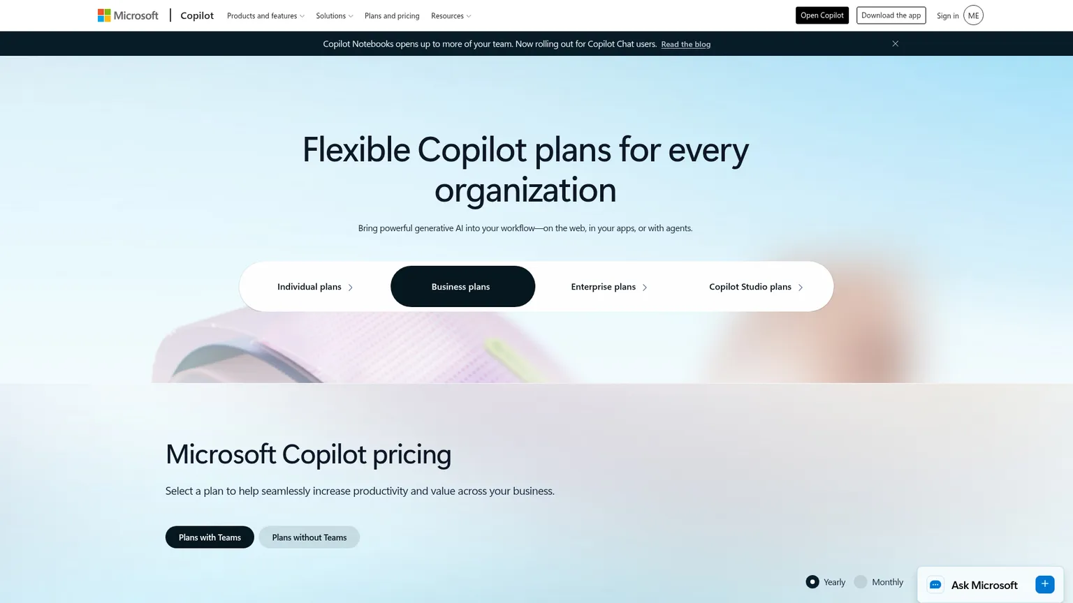 Microsoft Copilot 商业定价页展示附加订阅和 Microsoft 365 捆绑套餐