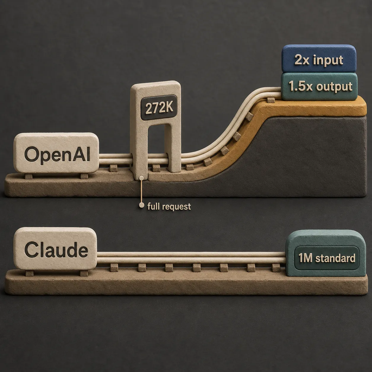 Two-lane diagram showing OpenAI's price increase after 272K input while Claude stays at standard rates to 1M
