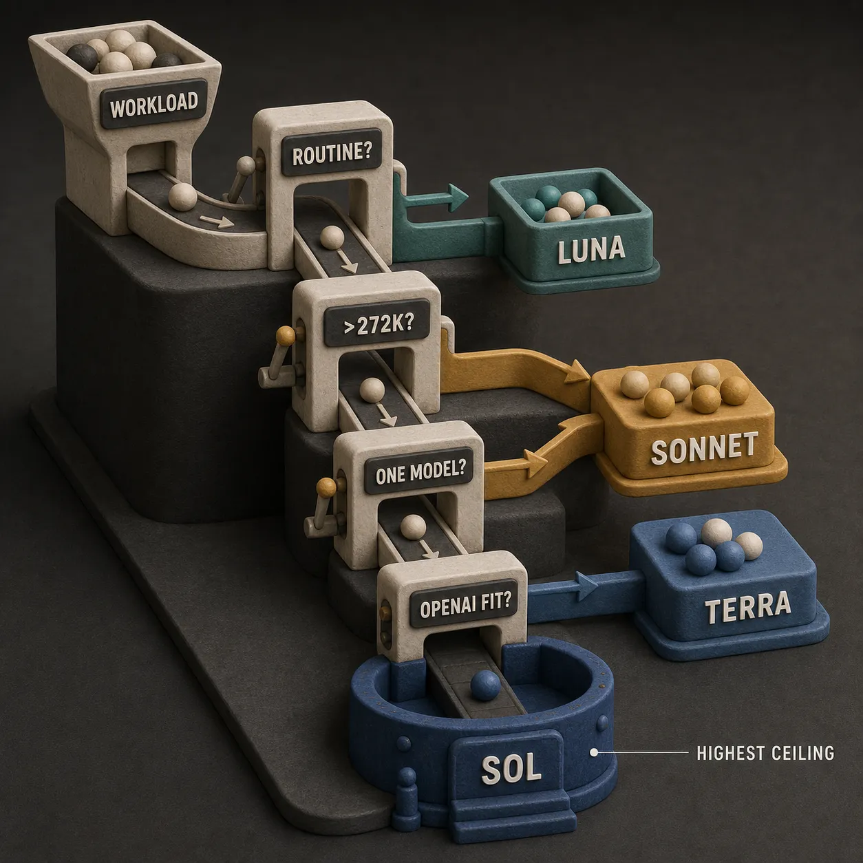 Decision flow routing routine work to Luna, one-model and long-context work to Sonnet, OpenAI-balanced work to Terra, and highest-ceiling work to Sol