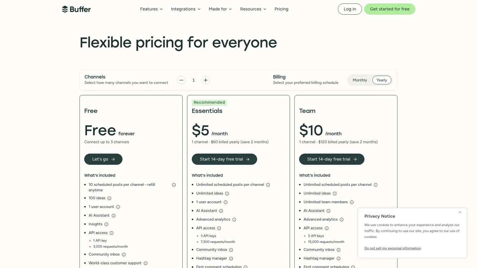 Buffer pricing page showing Free, Essentials, and Team plans