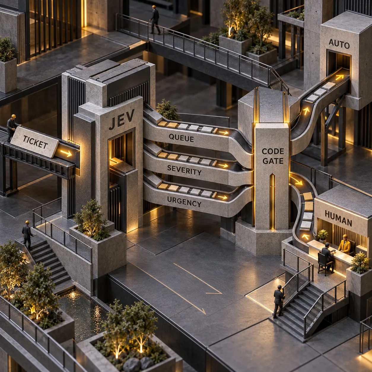Schéma architectural montrant un ticket de support entrant dans Jev, qui produit des signaux de file, de gravité et d’urgence avant de passer par une règle de code vers un routage automatique ou une validation humaine