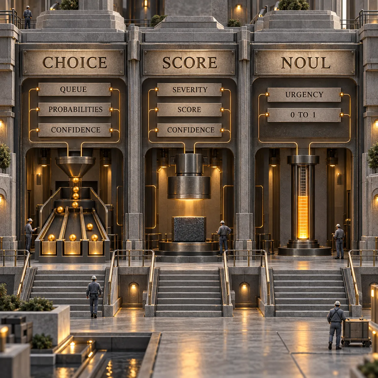 Comparaison architecturale entre Jev Choice pour la file, Score pour la gravité et Noul pour l’urgence, avec leurs différents champs de réponse