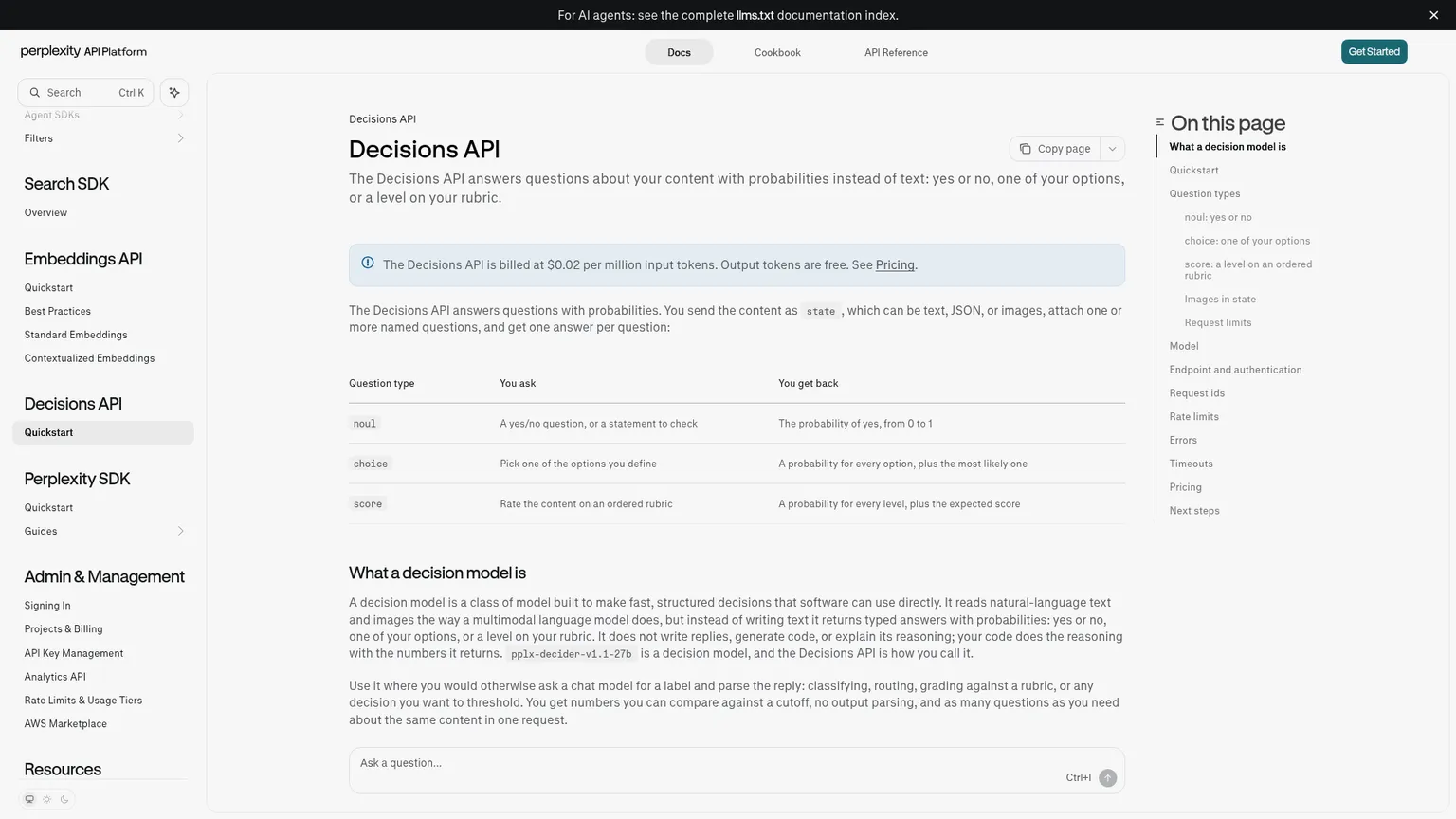 Dokumentation der Perplexity Decisions API mit Anfragebeispielen und Preisen