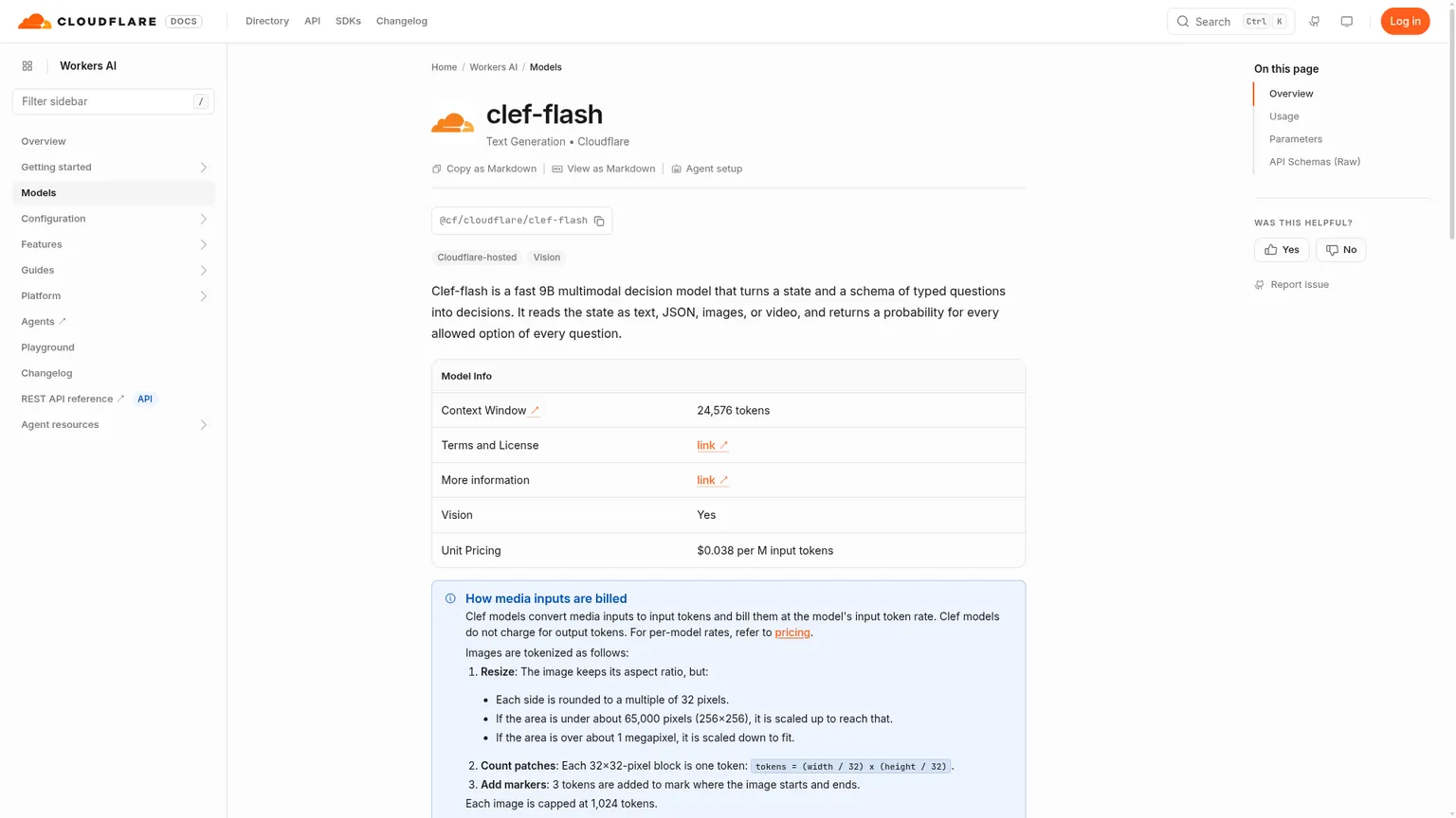 Cloudflare-Dokumentation zu Clef-flash mit aktuellem Kontextfenster und Eingabepreis