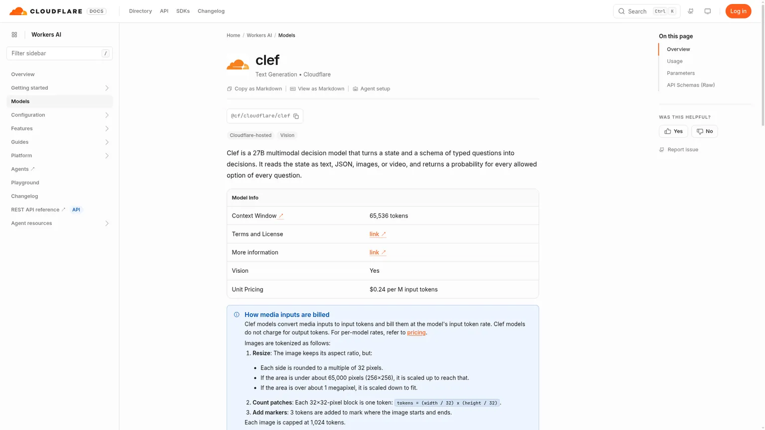 Modellseite von Cloudflare Clef mit gehostetem Kontextfenster und Modelldetails