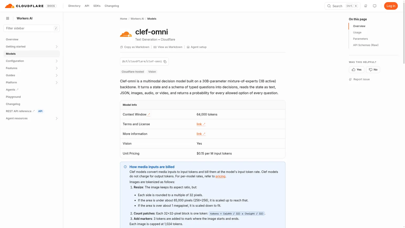 Modellseite von Cloudflare Clef-omni mit dokumentierten Audio- und Videoeingaben