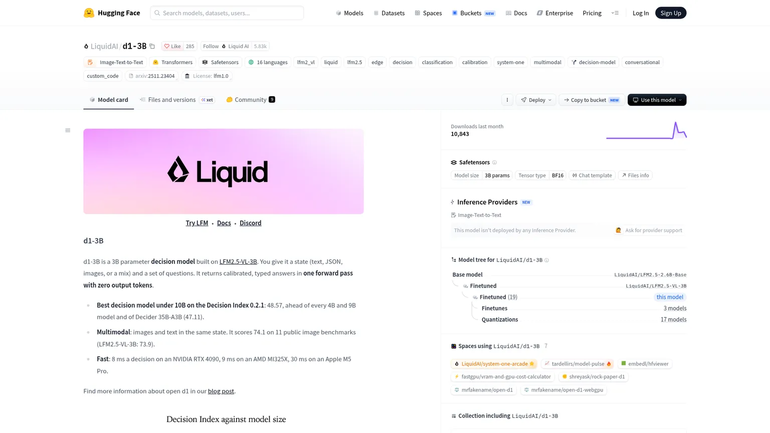 Offizielle Modellkarte von Liquid AI d1-3B mit Anleitung für lokale Inferenz