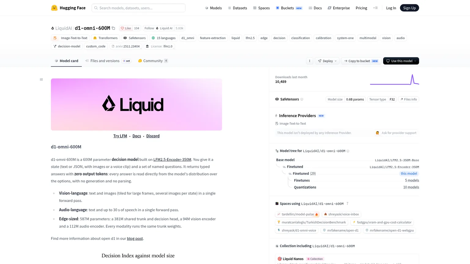 Offizielle Modellkarte von Liquid AI d1-omni-600M zu Entscheidungen auf Basis von Text, Bildern und Sprache