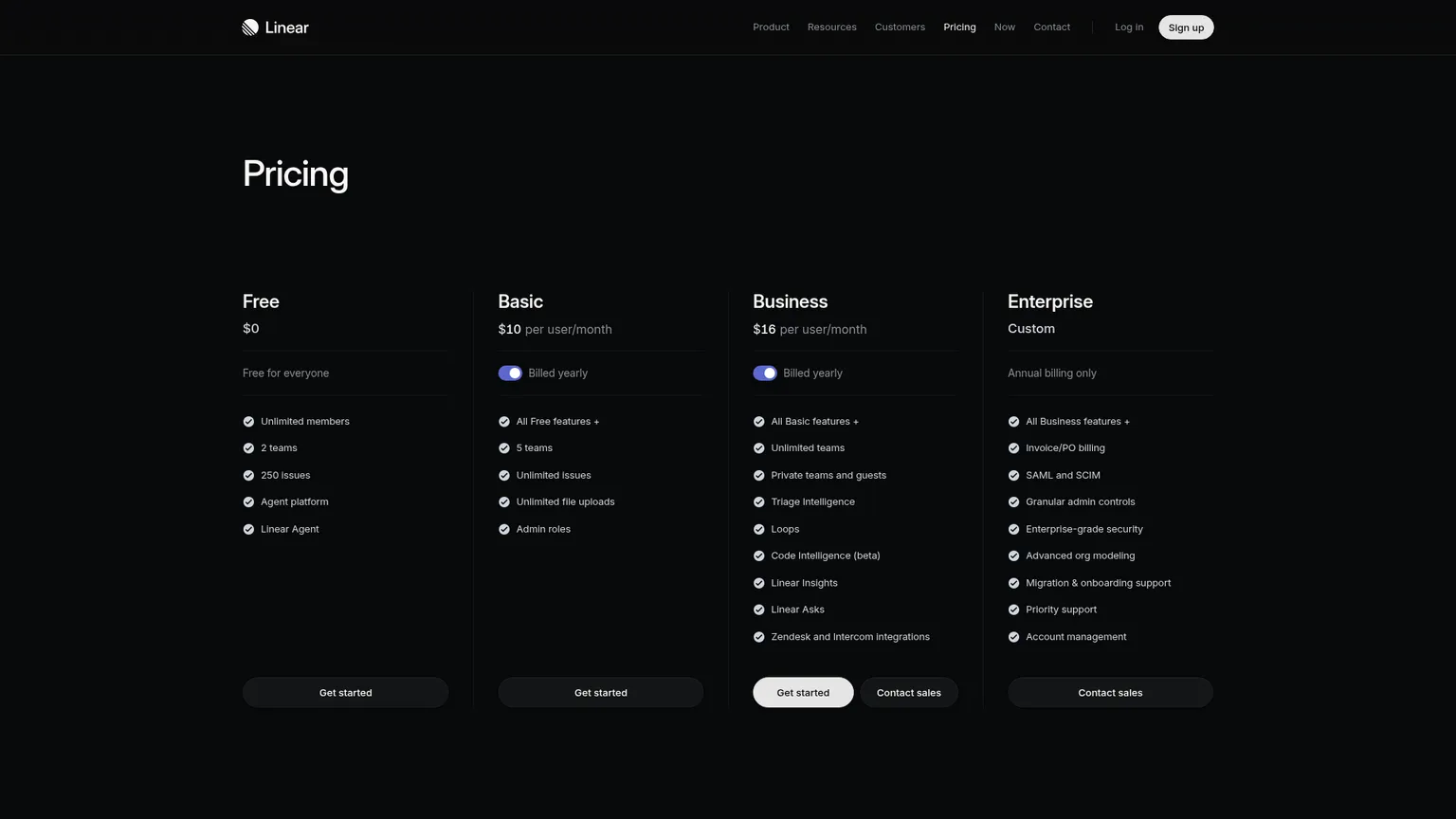 Linear pricing page showing Free, Basic, Business, and Enterprise plans