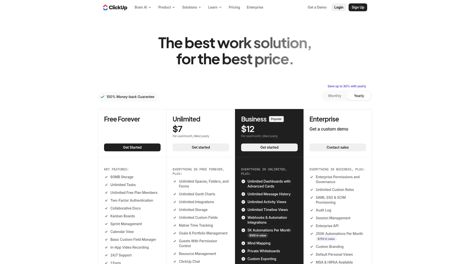 ClickUp pricing page showing Free Forever, Unlimited, Business, and Enterprise plans