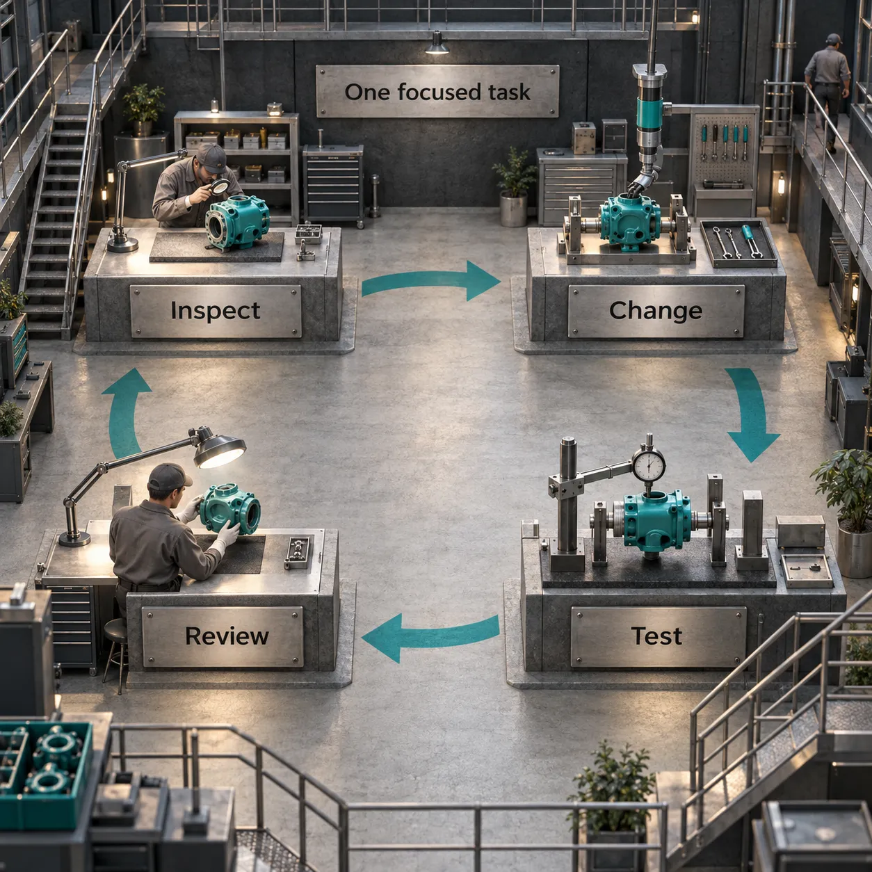 Four architectural workstations form a loop: Inspect, Change, Test and Review.