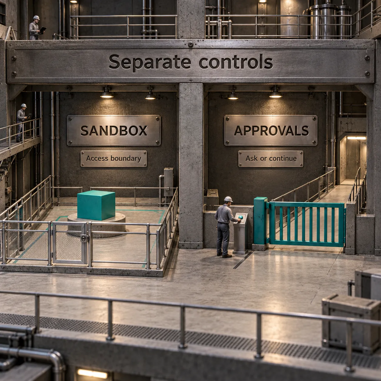 Two workshop bays distinguish Sandbox, the access boundary, from Approvals, when to ask or continue.
