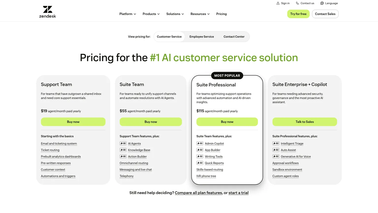 Página de precios vigente de Zendesk con los planes Support y Suite