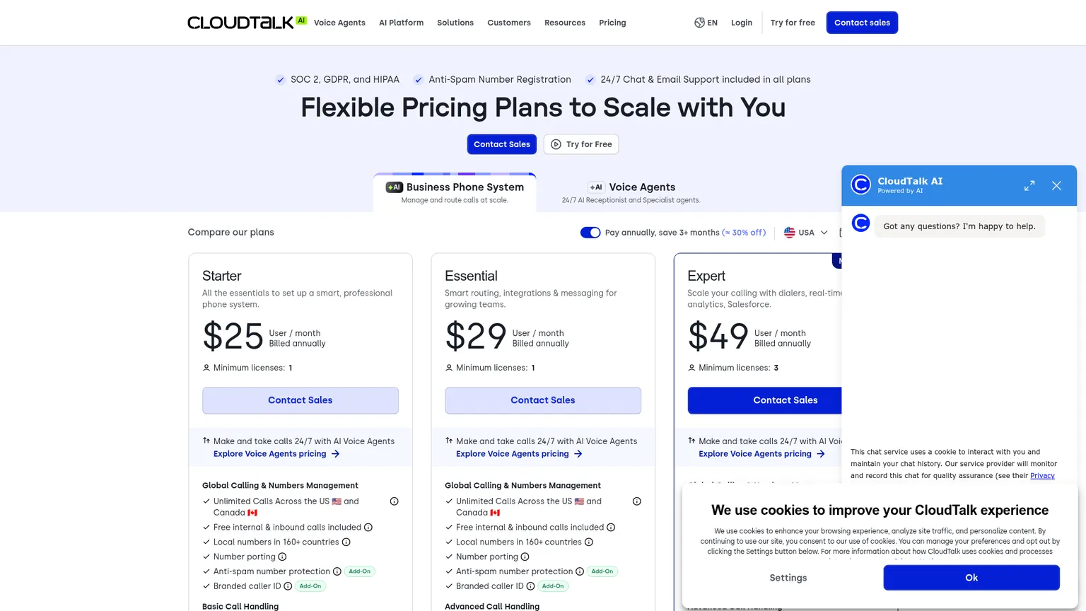 Página de precios de CloudTalk para Estados Unidos con los planes telefónicos Lite, Starter, Essential y Expert