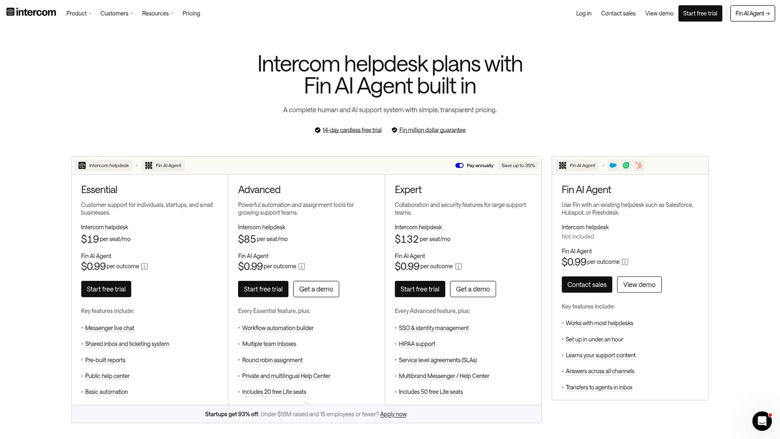 Página de precios de Intercom con Essential, Advanced, Expert y facturación por resultados de Fin