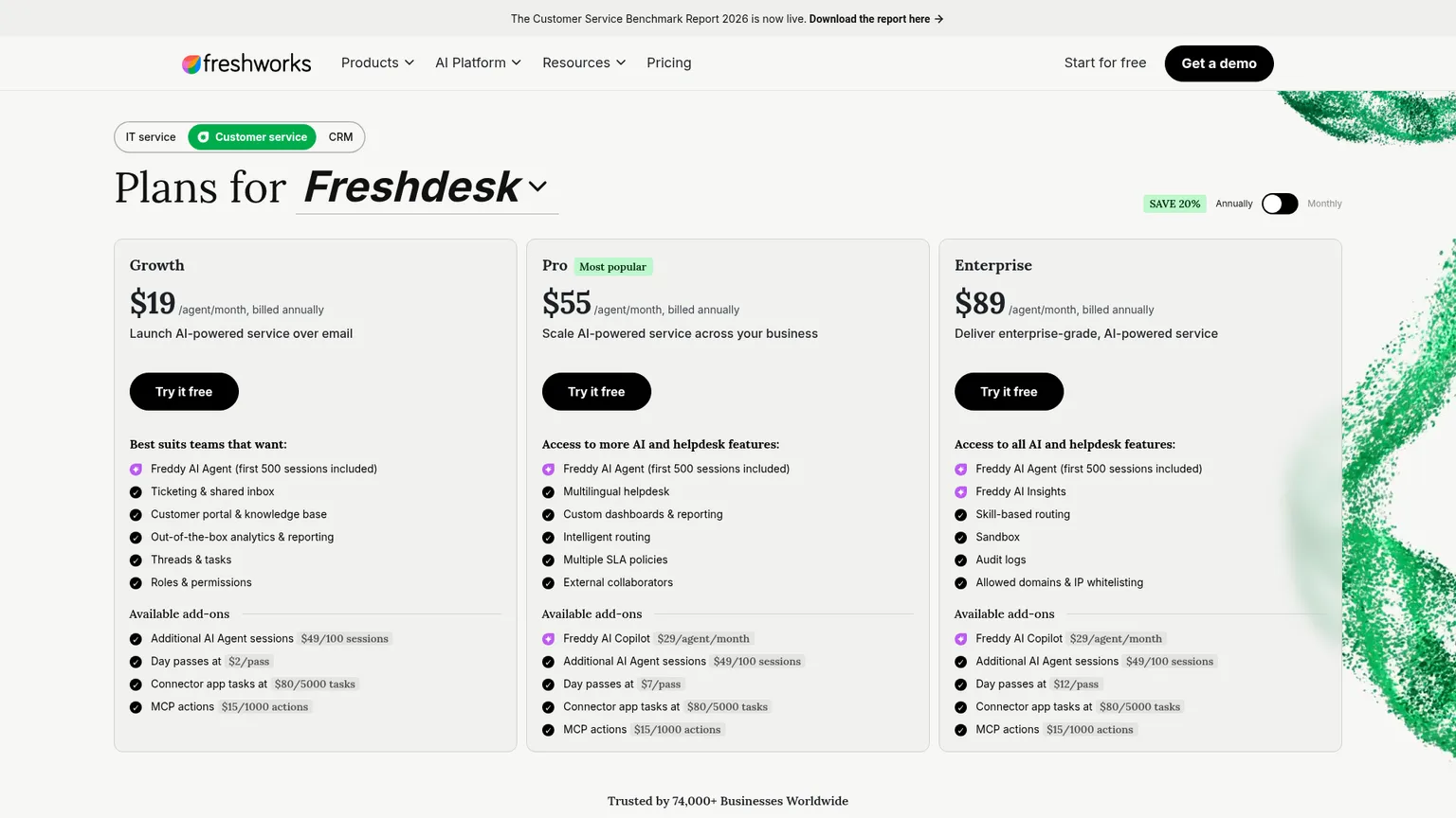 Precios de Freshdesk con Growth, Pro, Enterprise y complementos de sesiones de IA