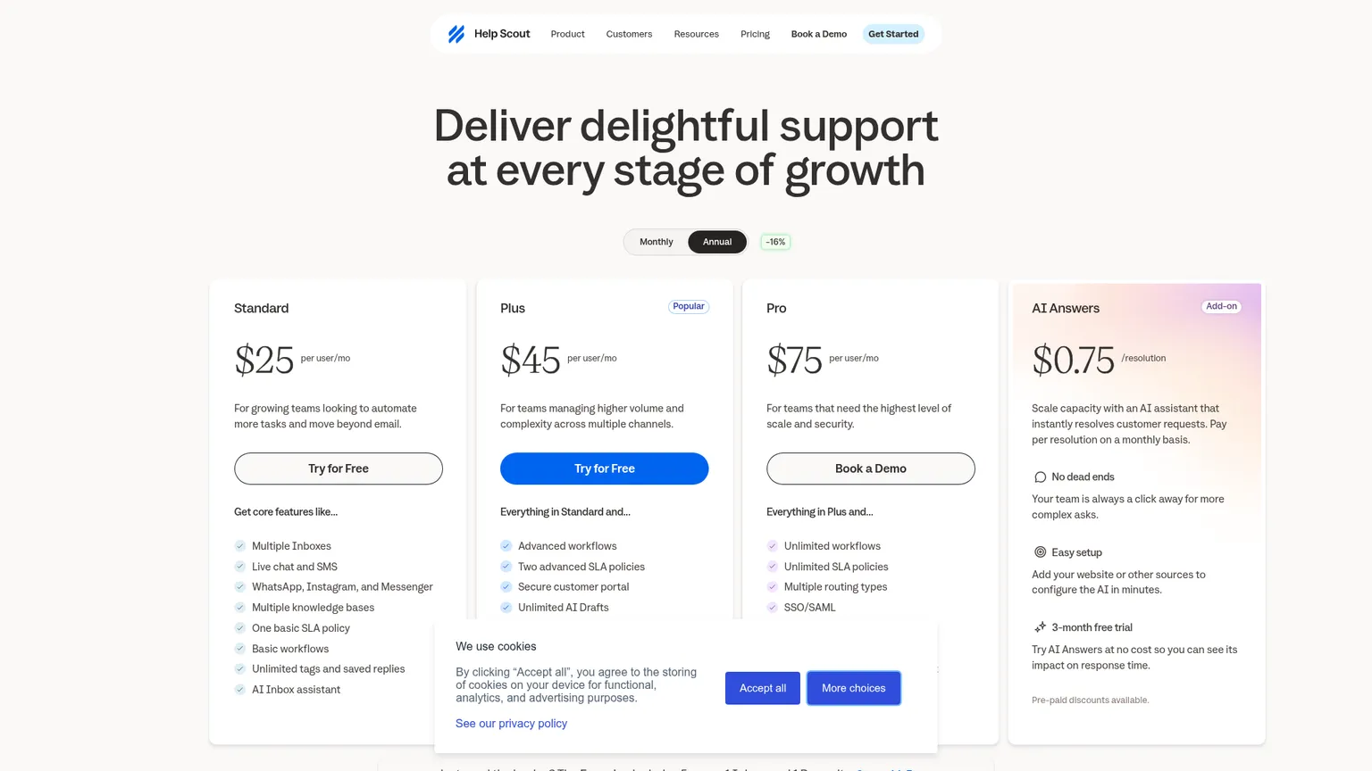 Planes actuales de Help Scout por usuario y precio por resolución de AI Answers